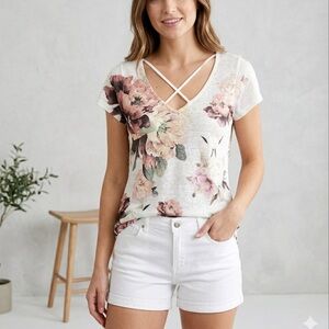 Moa Moa Floral Criss Cross V-Neck Top - Size Small